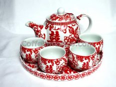 Chinese Style "Double Happiness" Tea Pot and Cup Set