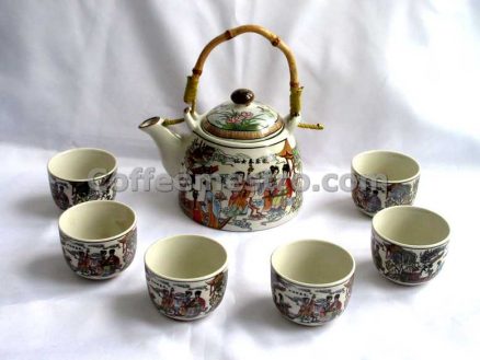Chinese Style "Fairy Ladies in Heaven" Graphic Tea Pot and 6 Cups Set
