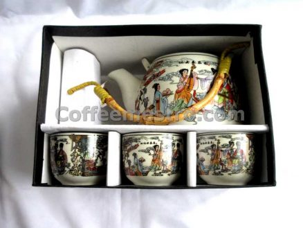 Chinese Style "Fairy Ladies in Heaven" Graphic Tea Pot and 6 Cups Set