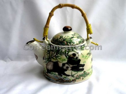 Chinese Style "Pandas" Graphic Ceramic Tea Pot and 6 Cups Set