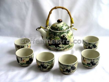 Chinese Style "Pandas" Graphic Ceramic Tea Pot and 6 Cups Set