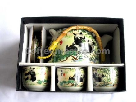 Chinese Style "Pandas" Graphic Ceramic Tea Pot and 6 Cups Set