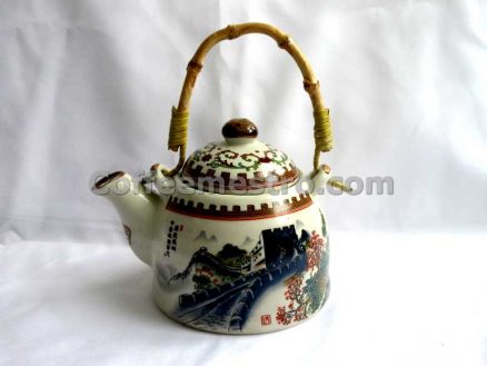 Chinese Style "The Great Wall" Graphic Ceramic Tea Pot and 6 Cups Set