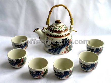 Chinese Style "The Great Wall" Graphic Ceramic Tea Pot and 6 Cups Set