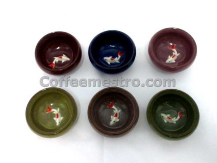 Six Ceramic Tea Cups with Koi Fish Shape at the Bottom